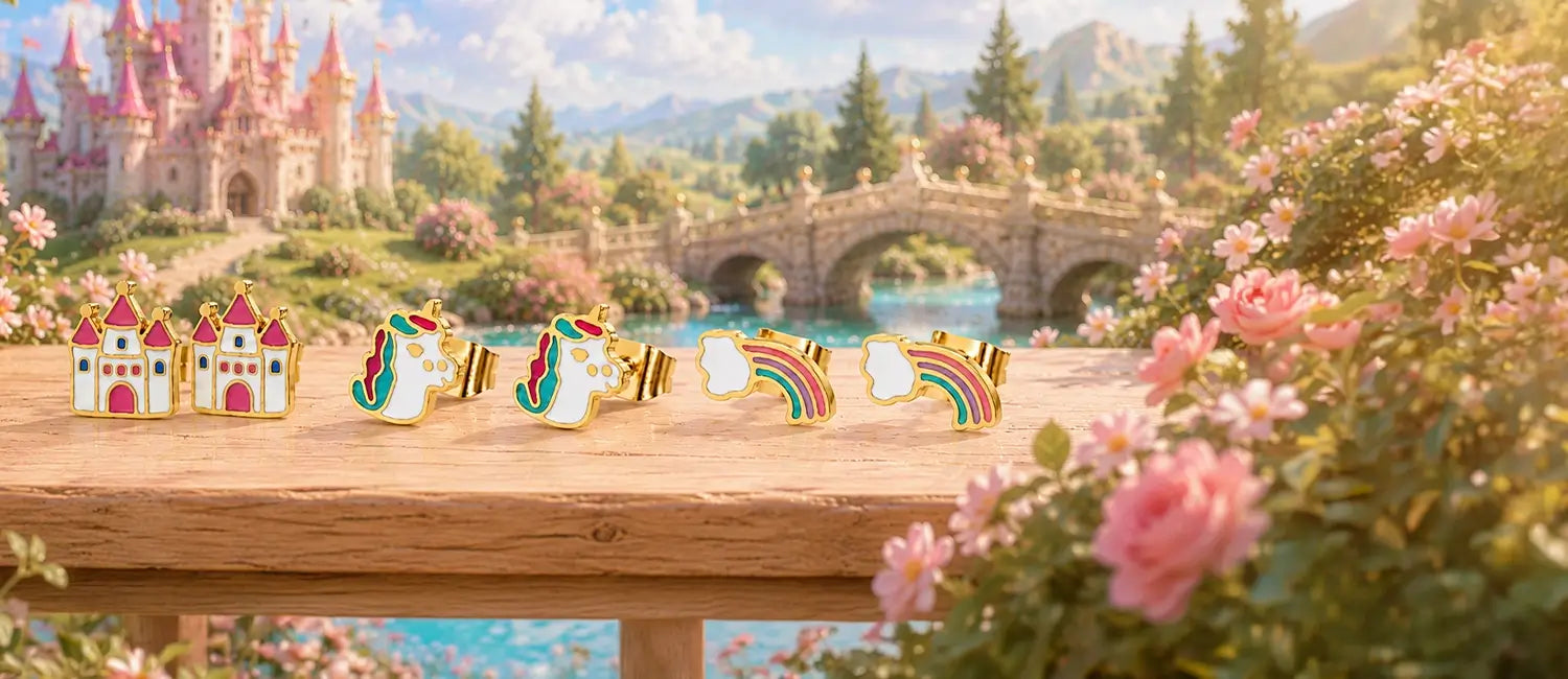 A row of small enamel fairy tale themed earrings including unicorns, rainbows, and castle motifs, displayed on a wooden table with a whimsical fantasy landscape background featuring a castle, bridge, and pink flowers.