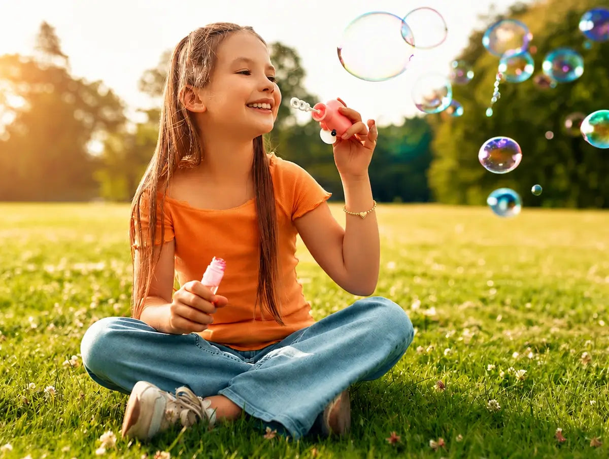 A young girl with long brown hair sits cross-legged on a grassy lawn, smiling as she blows colorful bubbles with a pink bubble wand wearing a Kaykies gold bead bracelet. The background shows a warm, sunlit park with trees and a soft-focus bokeh effect.